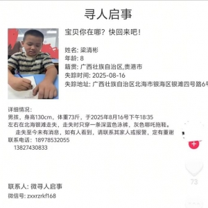 8岁男孩随家人到北海旅游时在沙岸上走失，眷属：找了5天还没有消息 ...