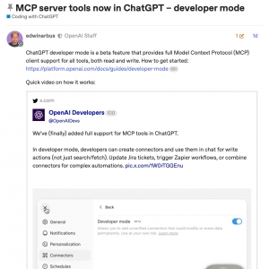OpenAI 为 ChatGPT 带来“开辟者模式”，Plus / Pro 订阅用户可设置接入 MC ...